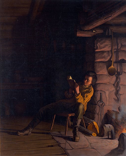 Young Abraham Lincoln Reads Book by His Fireplace