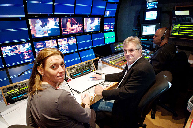 Associate Director Leslie Wilson, Director Steve Purcell and WTTW Technical Director Derrick Young inside Mobile Control Unit