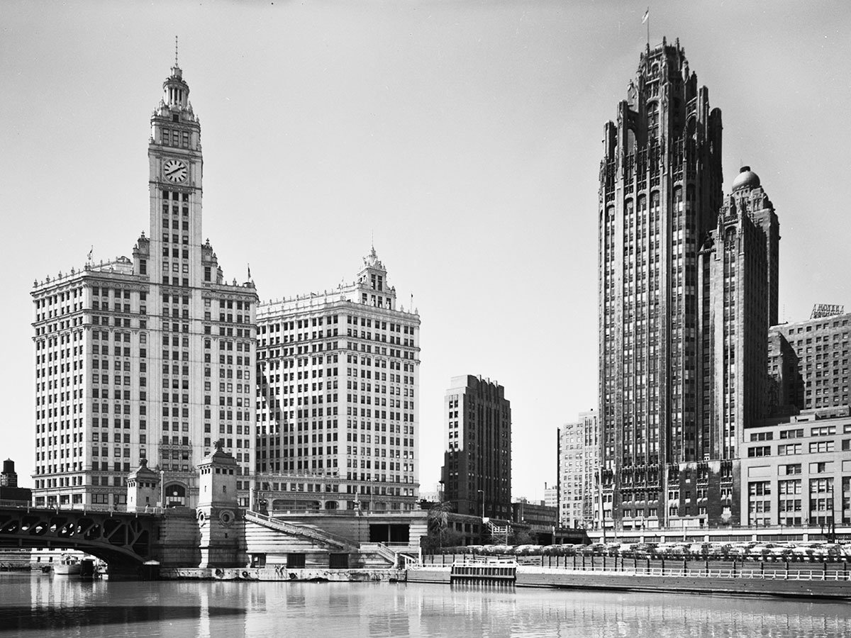 Michigan Avenue Bridge, Wrigley Building, and Tribune Tower, c. 1955