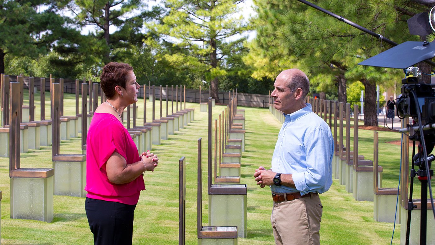Geoffrey Baer interviews Amy Downs at the Oklahoma City National Memorial in August 2017