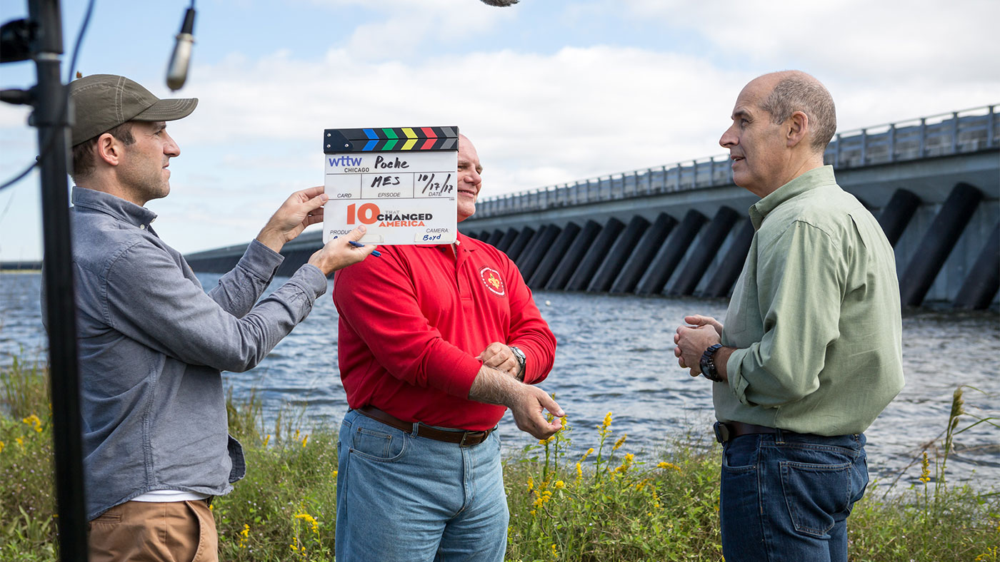 Series Producer Dan Protess, Rene Poche and Geoffrey Baer shooting a scene near the Lake Borgne Surge Barrier in October 2017