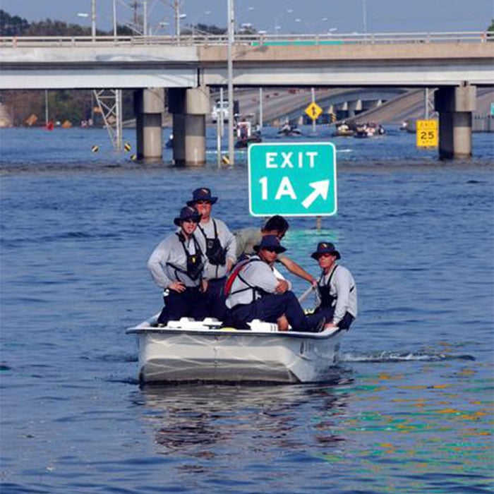 FEMA search teams went out in boats to help rescue residents stranded due to flooding from Hurricane Katrina on August 29, 2005