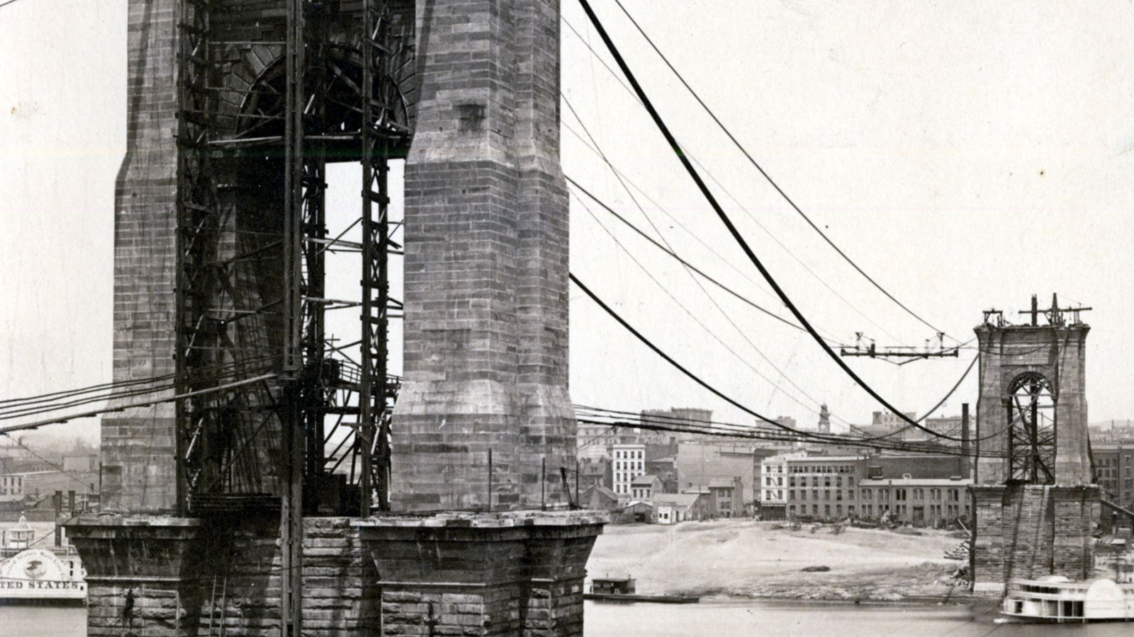 1866: View of cable making between the towers of the Covington and Cincinnati Bridge