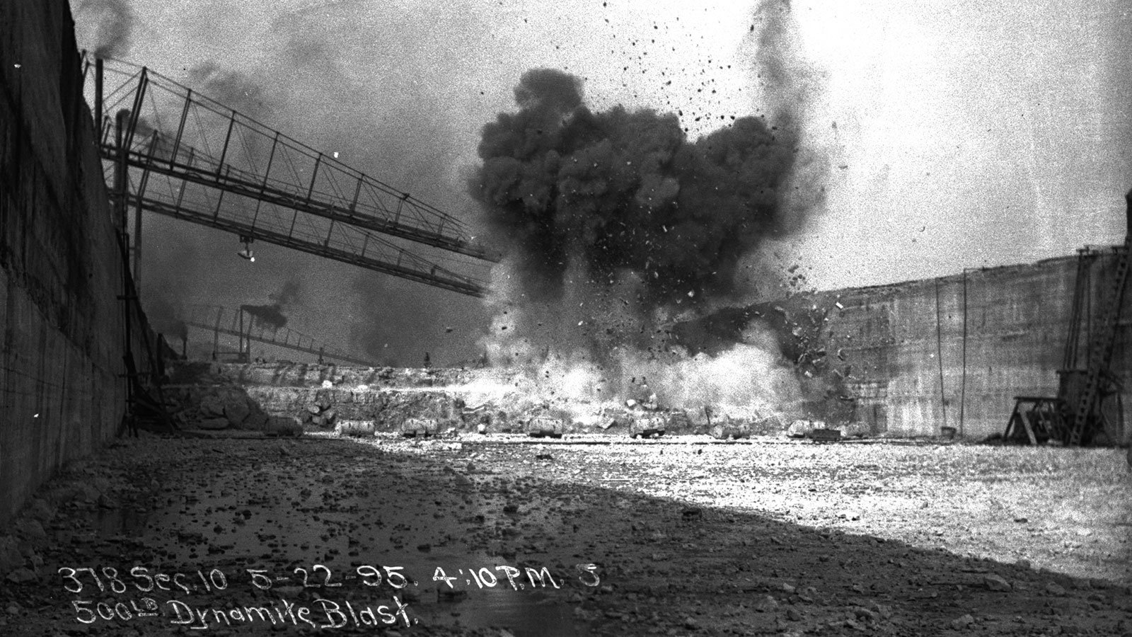 Dynamite blasting through bedrock during the construction of the Chicago Sanitary and Ship Canal on May 22, 1895