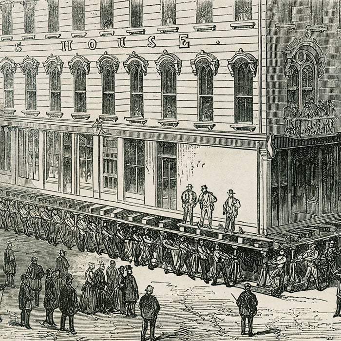 Drawing of the raising of the Briggs Hotel, 1857