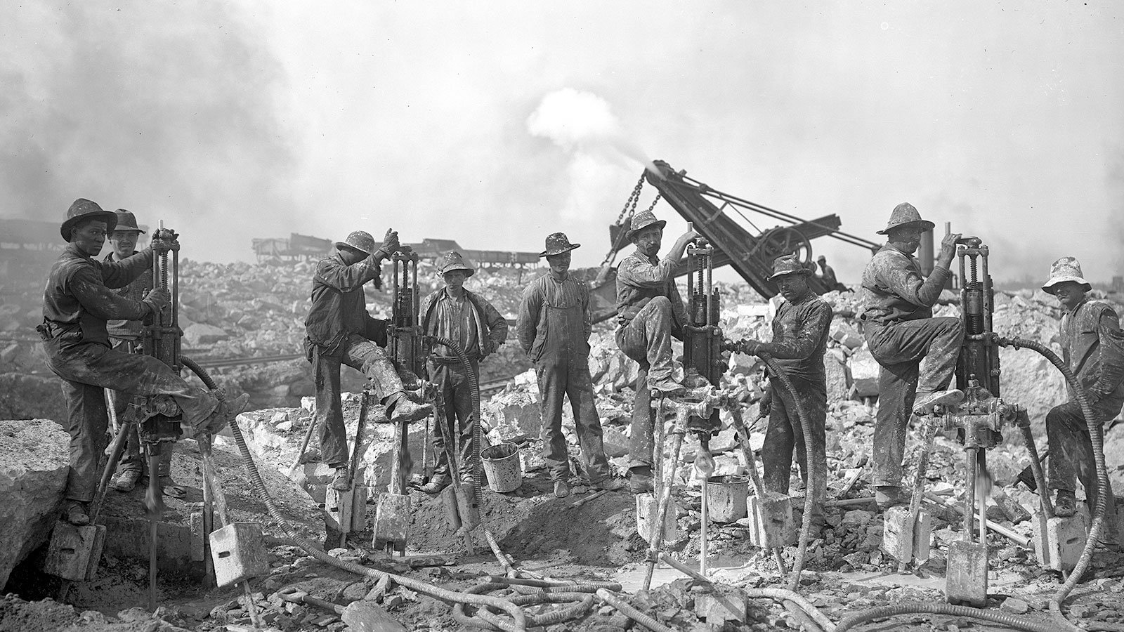 Laborers take a break during the construction of the Chicago Sanitary and Ship Canal extension on September 22, 1904