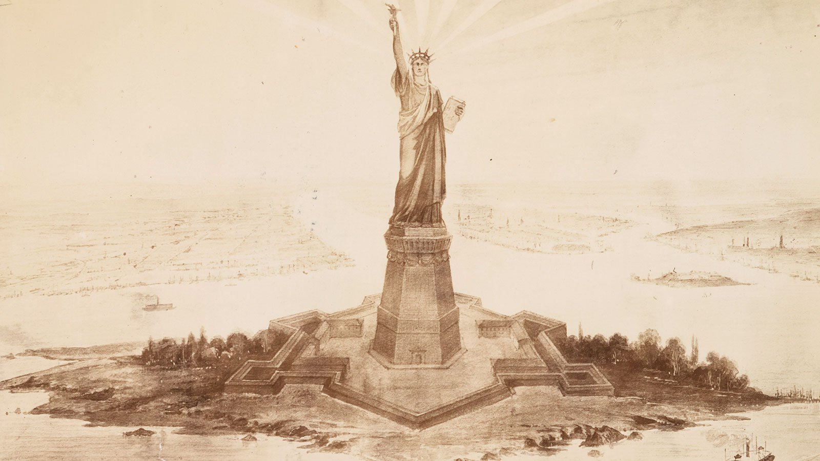 drawing of the Statue of Liberty in Upper New York Bay, 1883