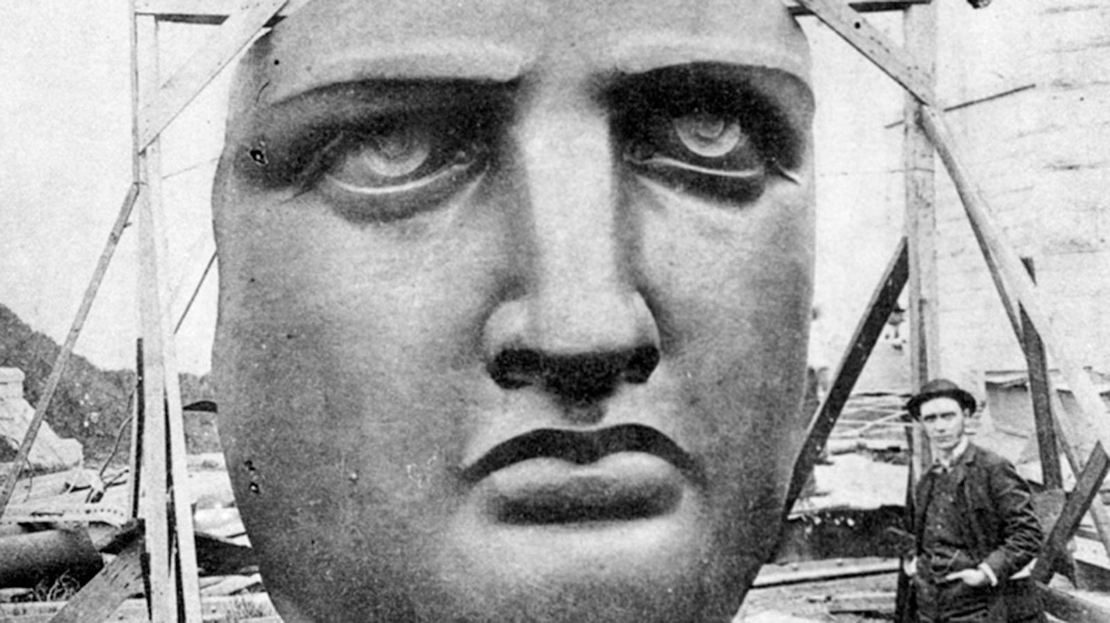 The Statue of Liberty’s face waiting to be installed on Liberty Island, circa 1885