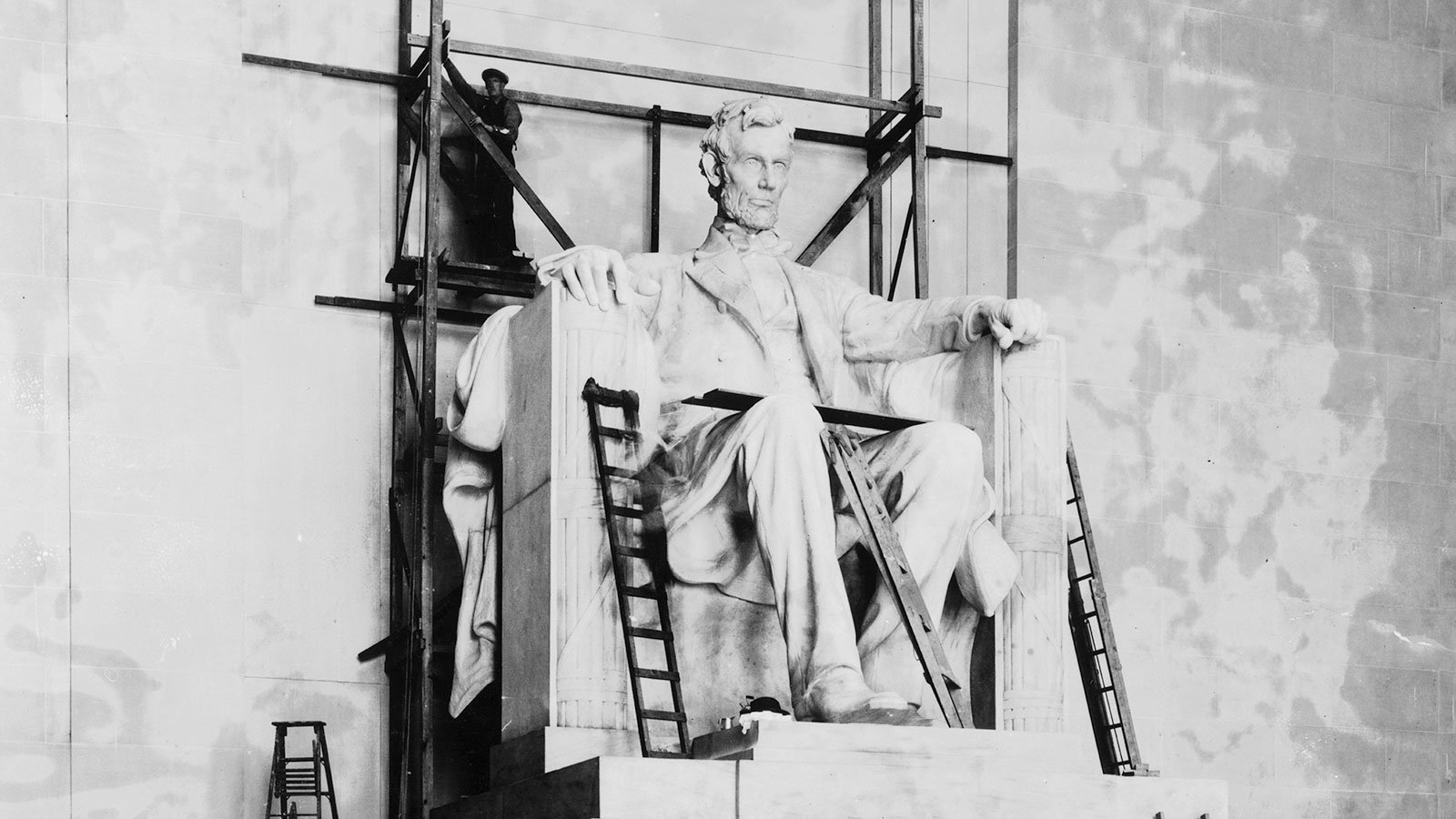 The Lincoln statue under construction in the Lincoln Memorial