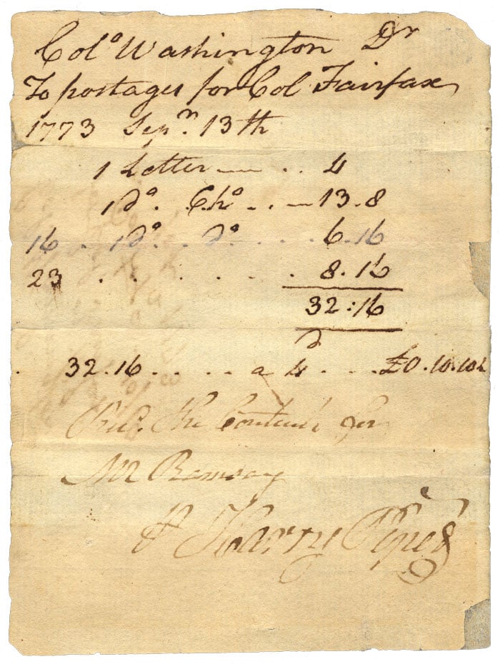 1773 record of George Washington's outstanding bill for the postal service
