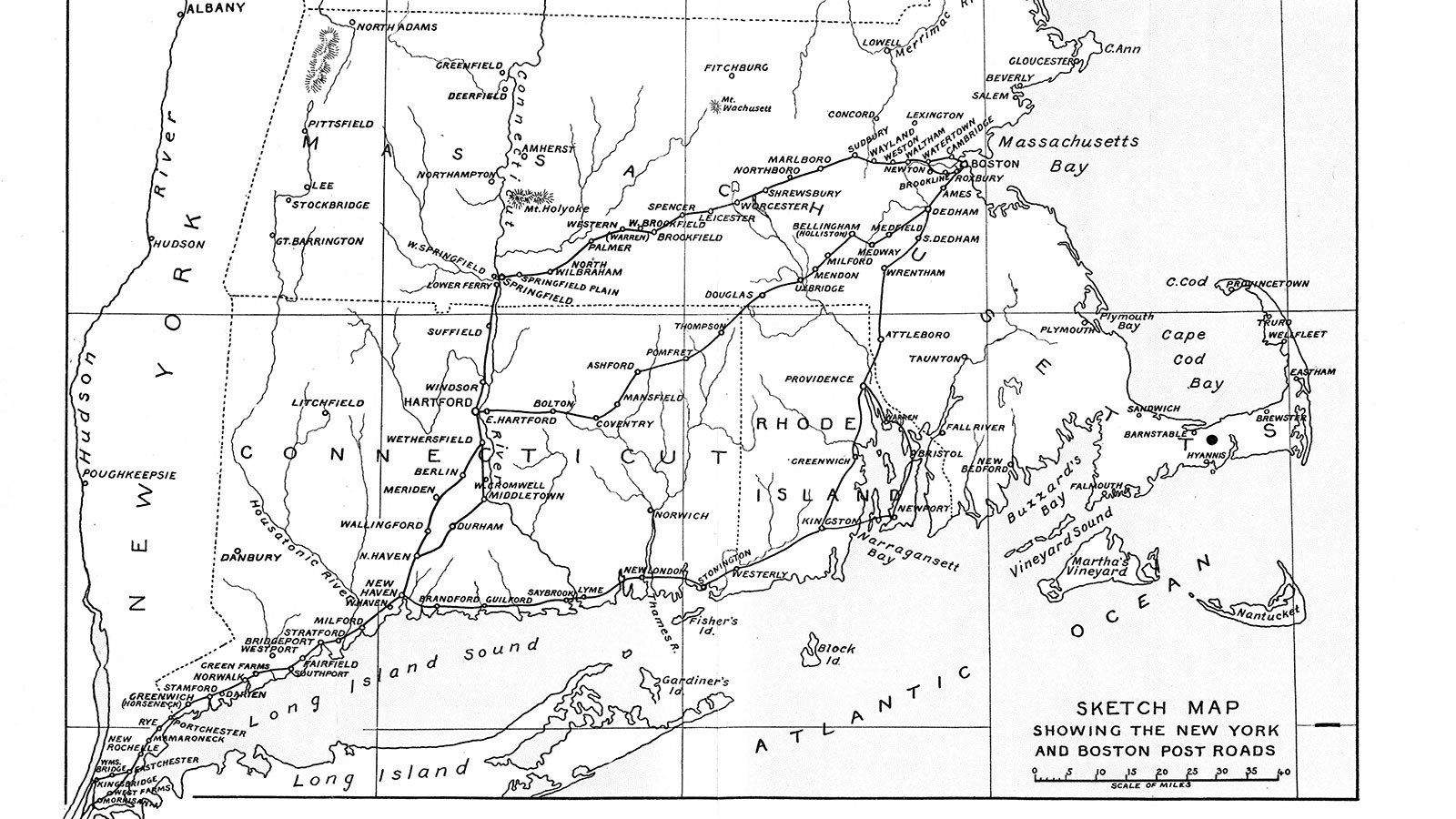 Map of the various branches of the Boston Post Road