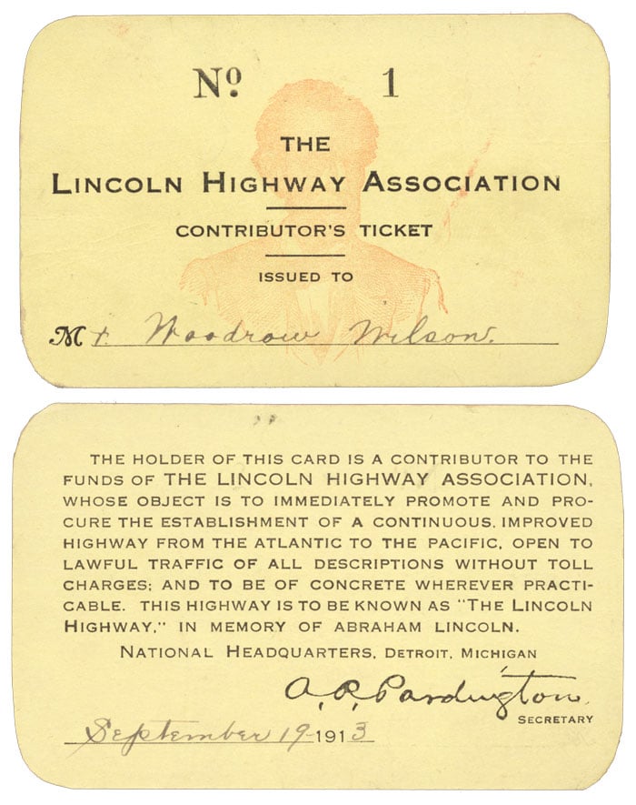 Front and back of President Woodrow Wilson's Lincoln Highway Association membership card