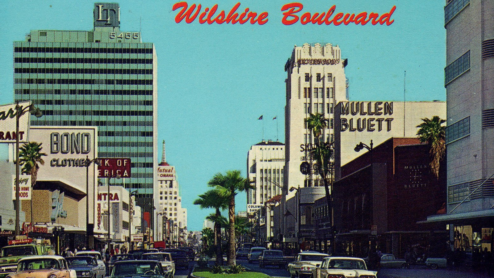 Photochrome postcard of the Miracle Mile district of Los Angeles, California, in the early 1960s