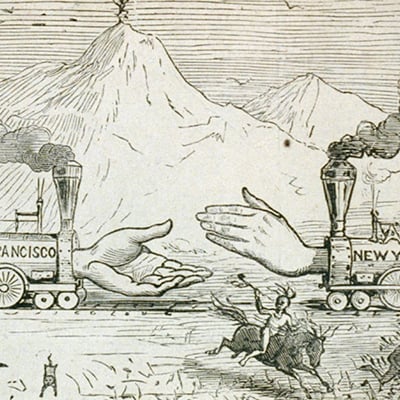 The railroad unites the east and west coasts. Cartoon printed in Frank Leslie’s Illustrated Newspaper, 1869. Credit: Library of Congress