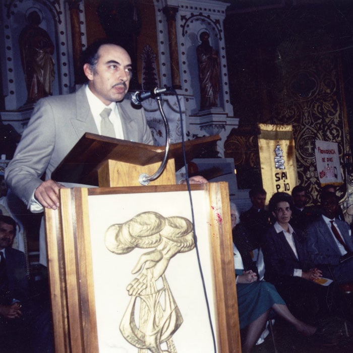 Raul Hernandez speaking at St. Procopius Church.