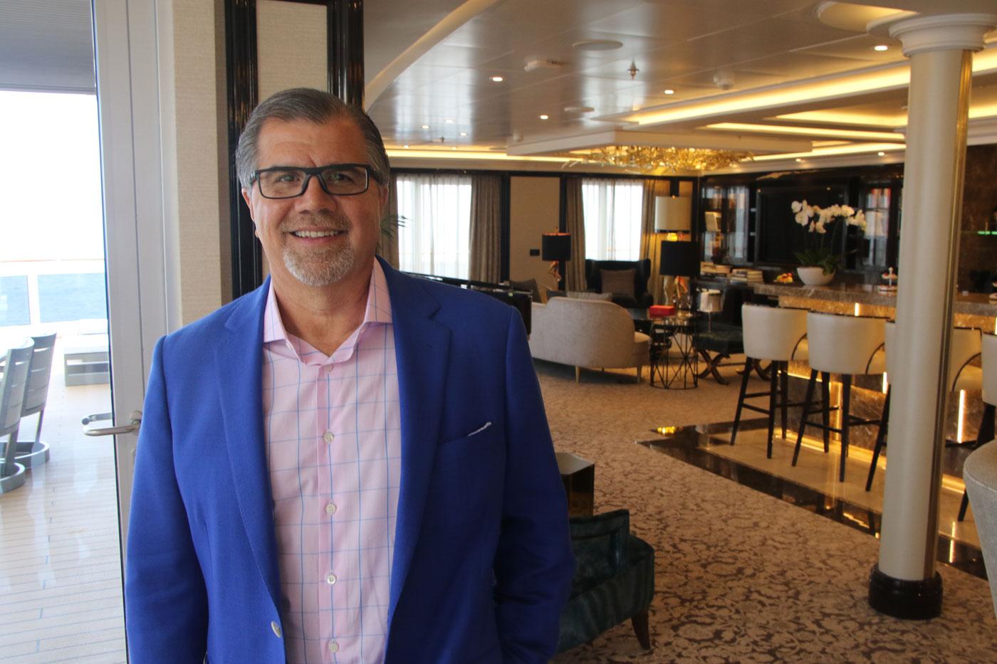 Frank del Rio, CEO of the parent company of Regent Seven Seas, in the extravagant Regent Suite. (Courtesy of Martin Gorst)