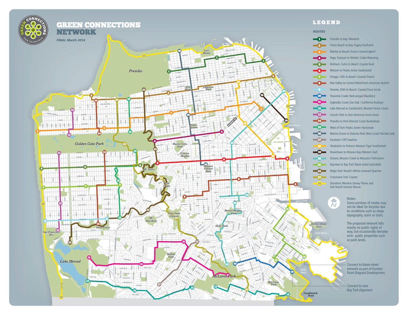 A map of San Francisco’s 115-mile Green Connections Network includes 24 routes designed to provide habitat for plant and wildlife species. (Green Connections)