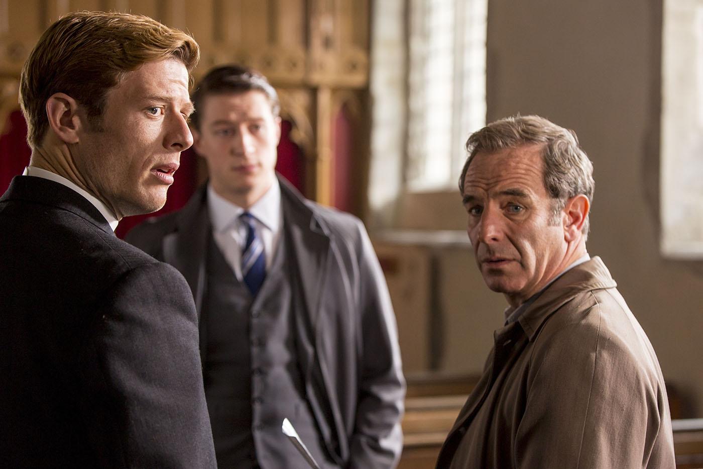 James Norton as Sidney Chambers, Lorne MacFadyen as Phil Wilkinson and Robson Green as Geordie Keating in Grantchester. Photo: Colin Hutton and Kudos/ITV for MASTERPIECE