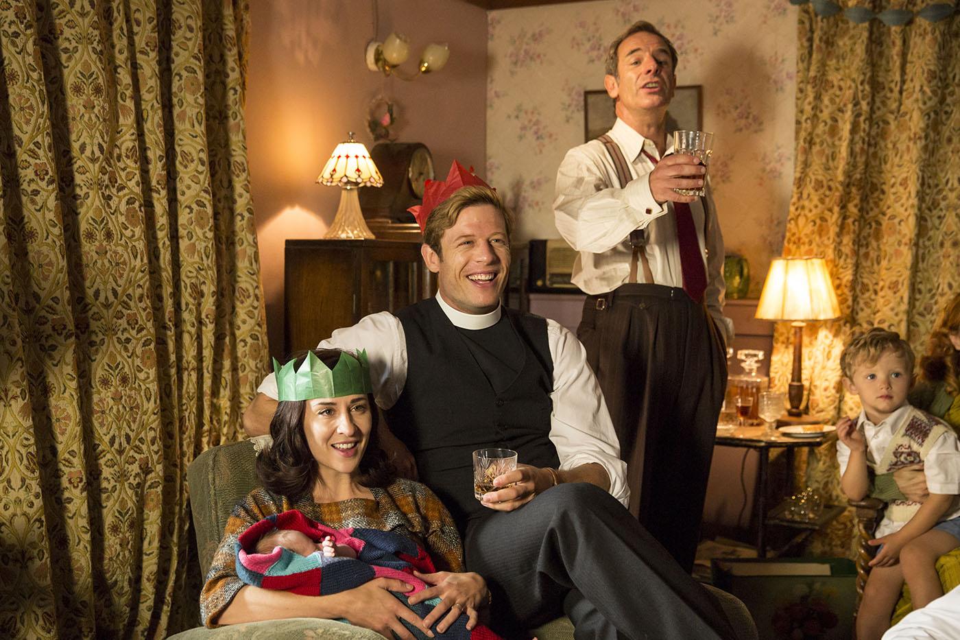 Morven Christie as Amanda, James Norton as Sidney Chambers and Robson Green as Geordie Keating in Grantchester. Photo: Colin Hutton and Kudos/ITV for MASTERPIECE