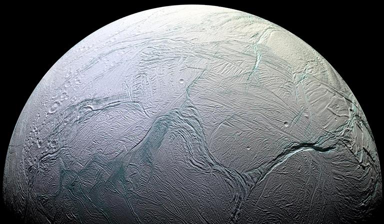 Saturn's moon Enceladus. Image: Courtesy NASA