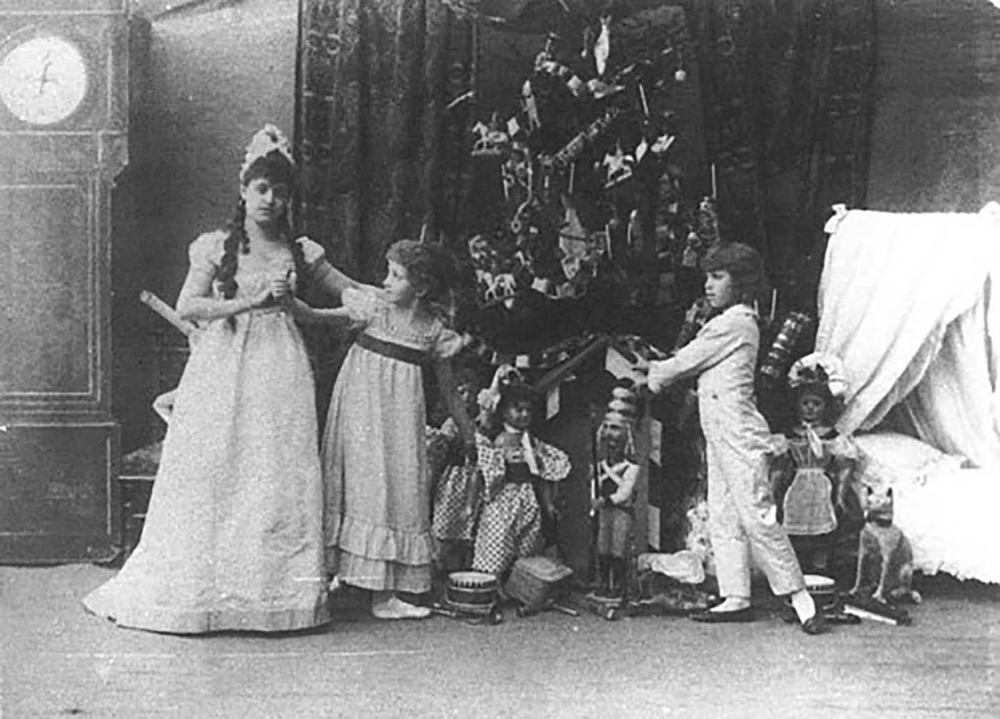 (Left to right) Lydia Rubtsova as Marianna, Stanislava Belinskaya as Clara and Vassily Stukolkin as Fritz, in the original production of 'The Nutcracker.'