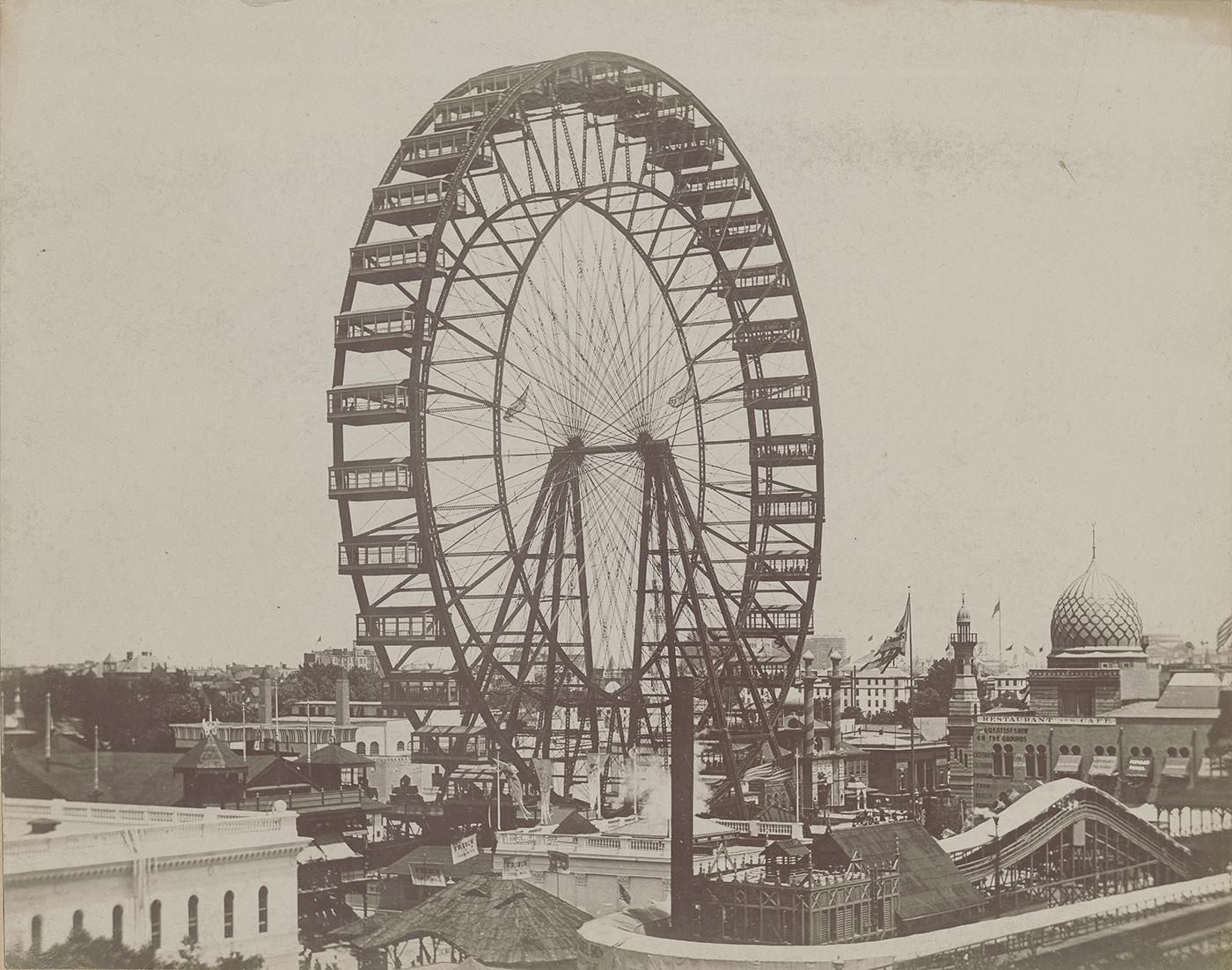 The first Ferris Wheel towers over the Midway at the 1893 World's Columbian Exposition in Chicago