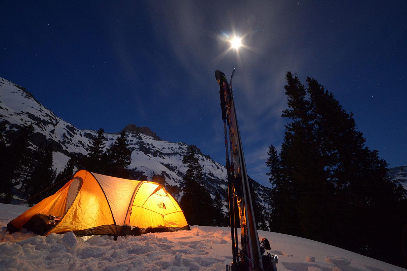 A nighttime camp for a skiing expedition in the Rocky Mountains. Photo: BBC