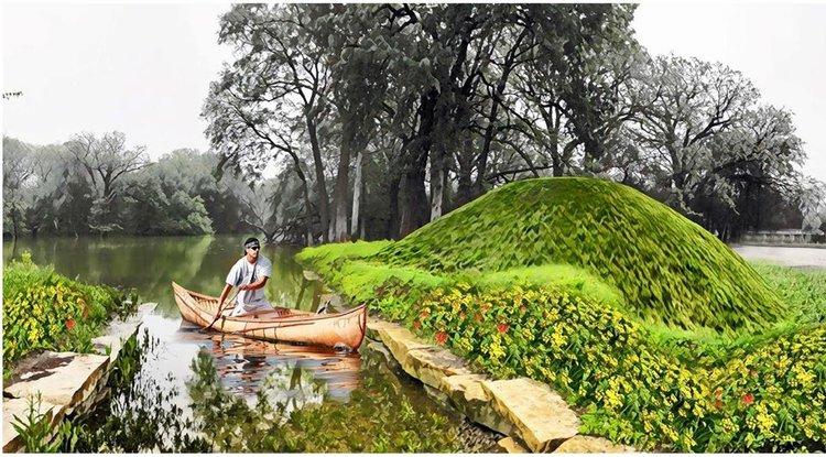 A rendering of a proposed Serpent Mound for Schiller Woods on the Des Plaines River as part of the Northwest Portage Walking Museum. Image: American Indian Center
