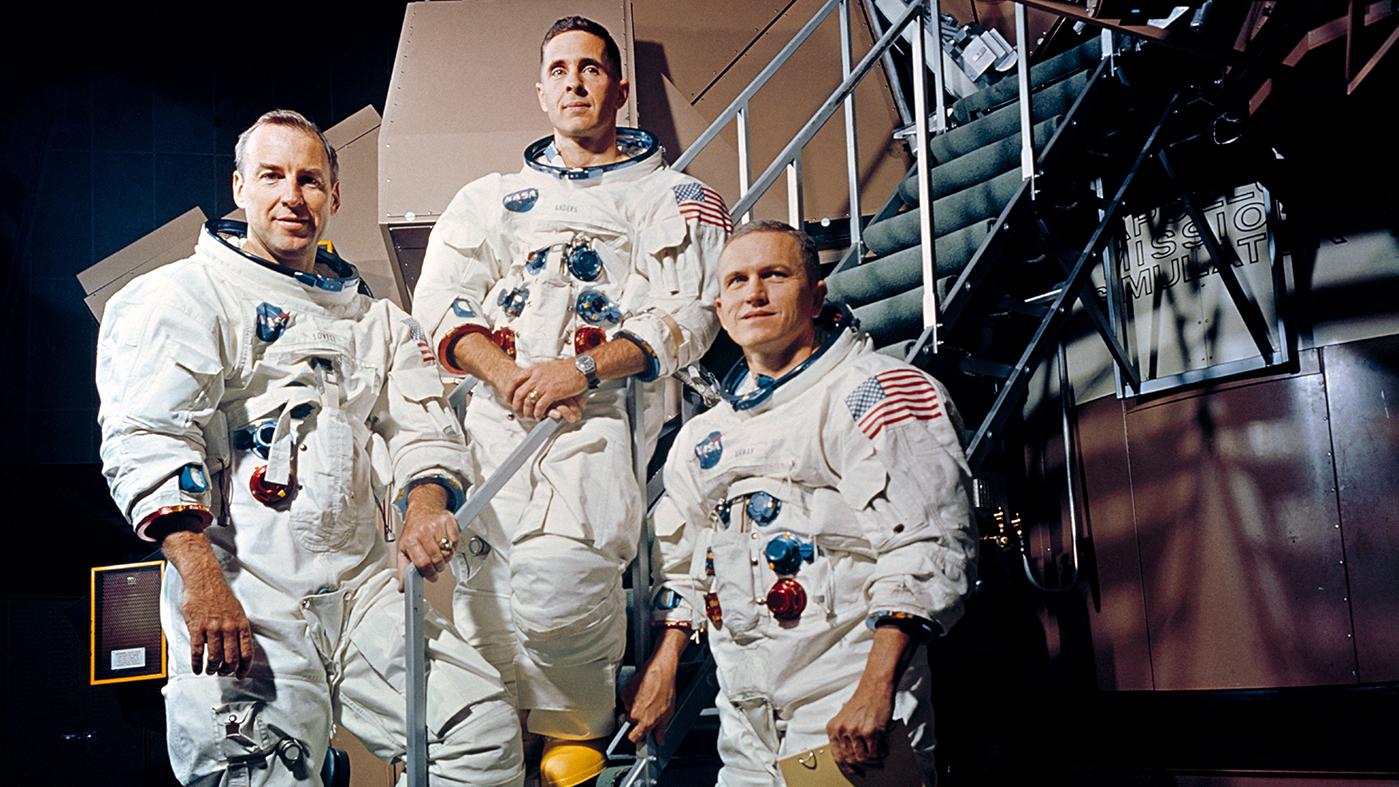 Apollo 8 astronauts Jim Lovell, Bill Anders, and Frank Borman outside a simulator in November 1968. Photo: NASA