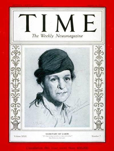 The August 14, 1933 issue of Time Magazine, with Frances Perkins on the cover. 