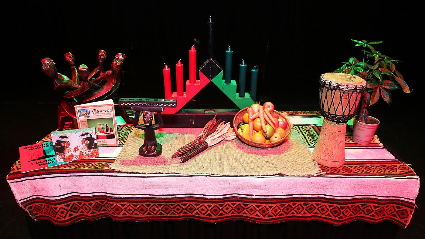 A Kwanzaa table at Chicago's DuSable Museum of African American History, including a kinara