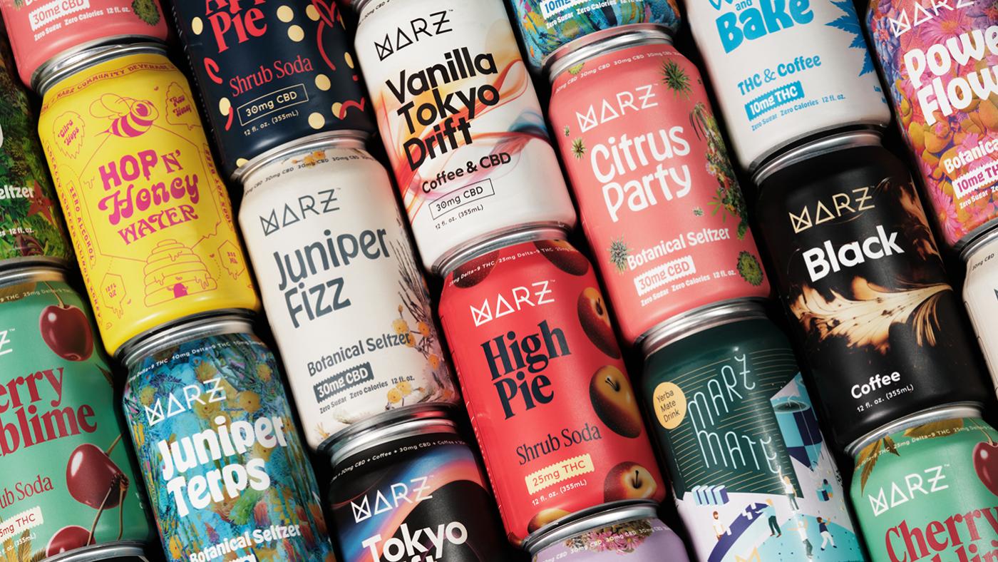 Cans of CBD and THC-infused beverages from Marz Brewing