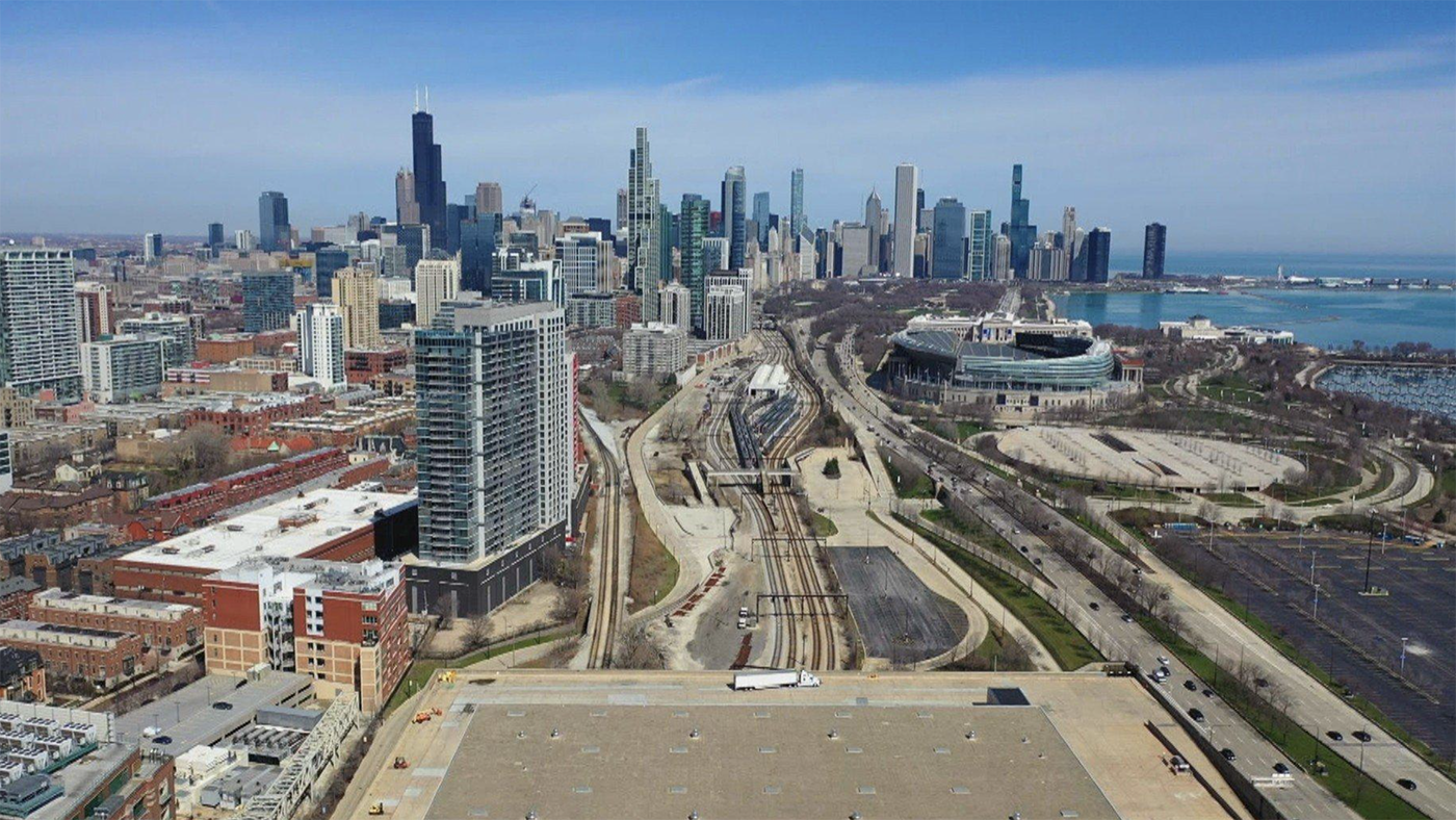An aerial view of the South Loop, looking north