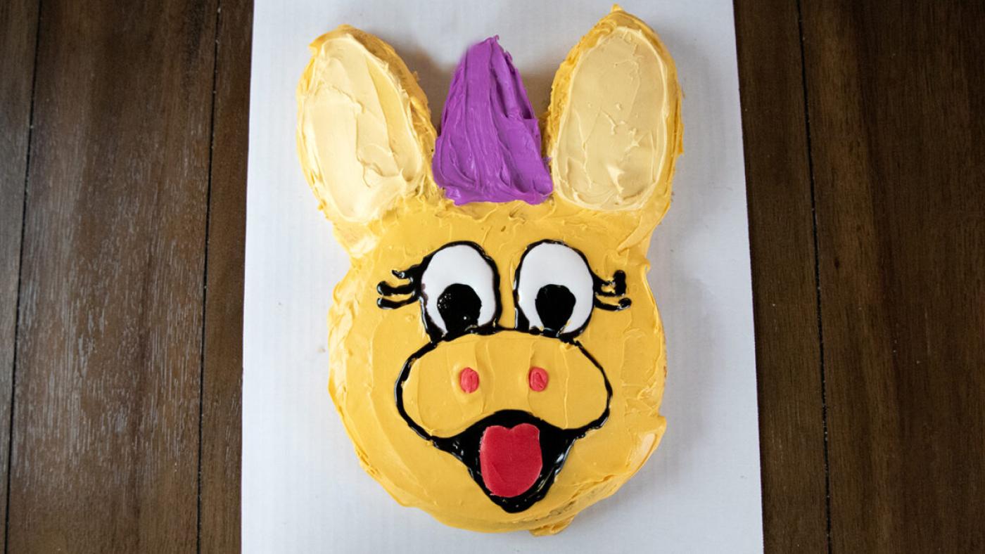 A cake that looks like Donkey Hodie's face