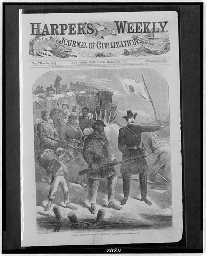 A cover of Harper's Weekly depicting an African American regiment in the Civil War. (Library of Congress)