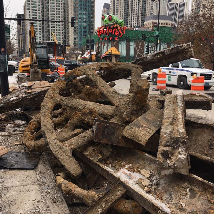 An unearthed cable car sheave on Clark Street in December 2016. (Courtesy of Christine Rosenberg)