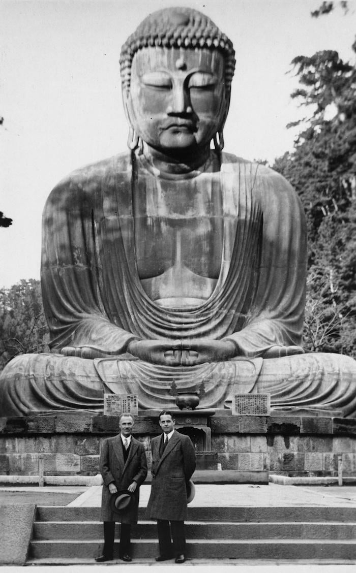 Robert Allerton and John Gregg at the Great Buddha of Kamakura, Japan, 1930s. Photo: Courtesy University of Illinois Archives