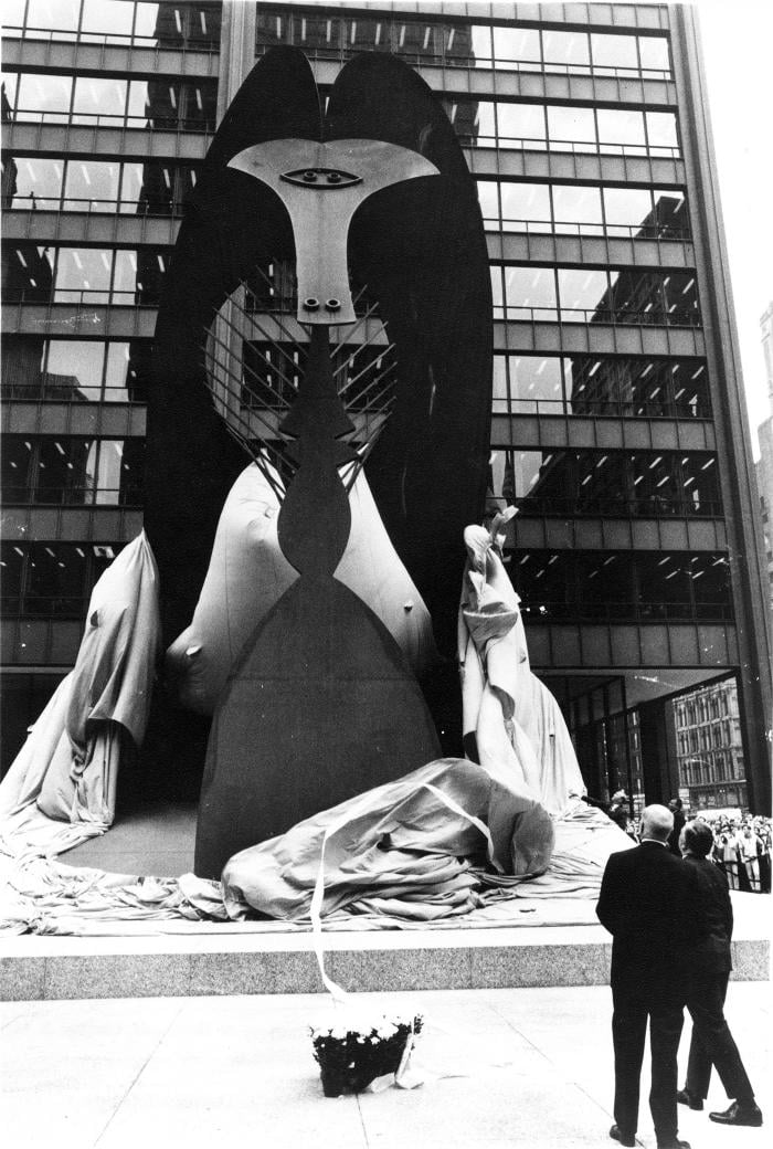 William Hartmann and Richard J. Daley unveiling the Picasso. Photo: Courtesy DCASE