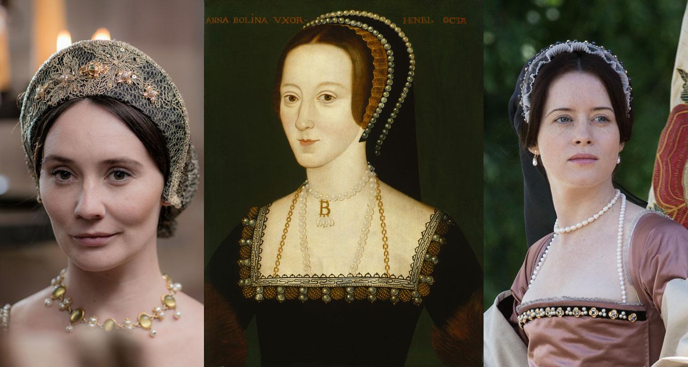Anne Boleyn: Claire Cooper in Secrets of the Six Wives and Claire Foy in Wolf Hall. (Laurence Cendrowicz / © Wall to Wall South Ltd; Ed Miller/Playground & Company Pictures for MASTERPIECE/BBC)