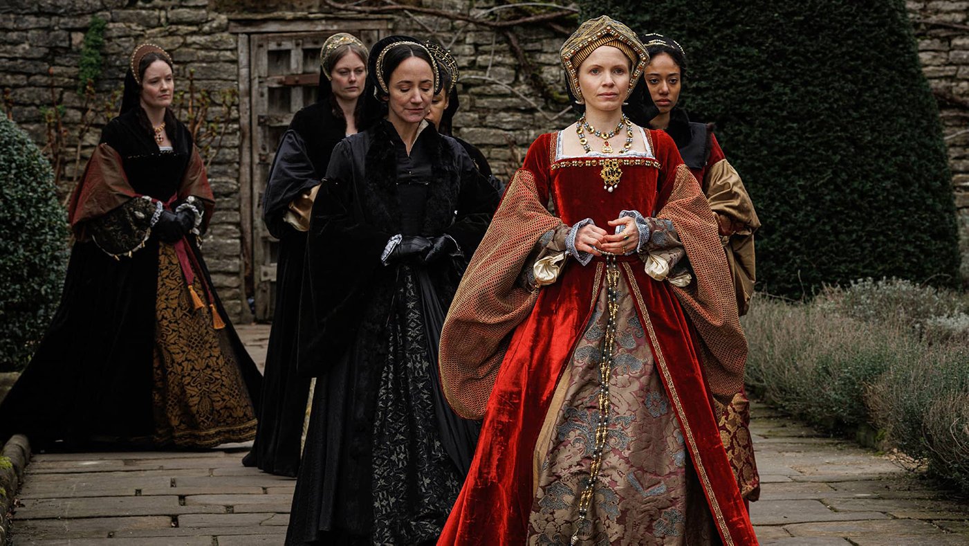 Jane Seymour looks nervous as she walks outside in front of a retinue of ladies