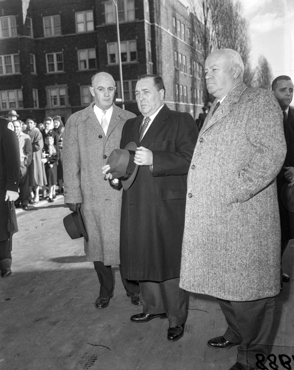 Mayor Richard J. Daley arrives at the scene of the fire