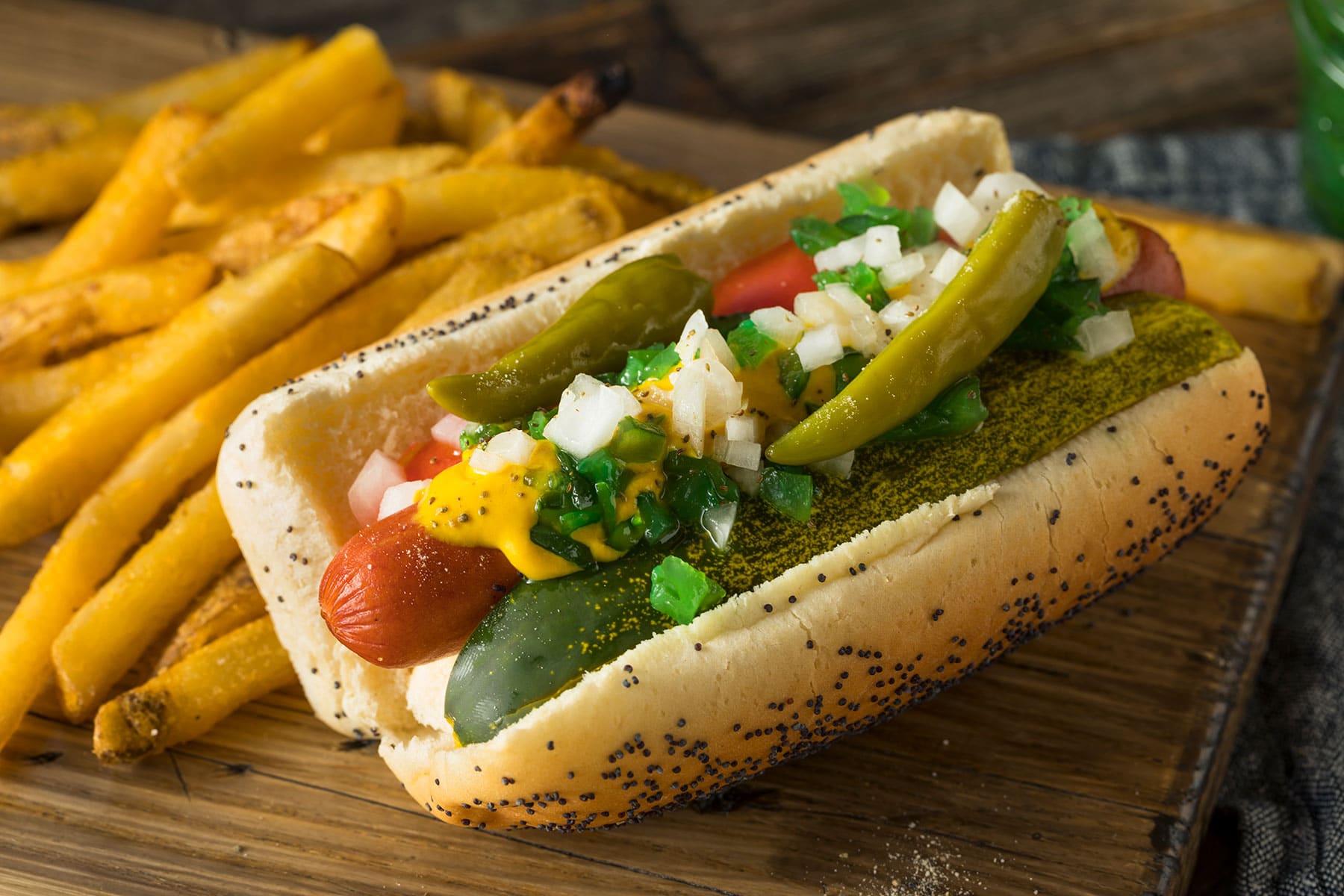 Stylized photo of a Chicago style hot dog