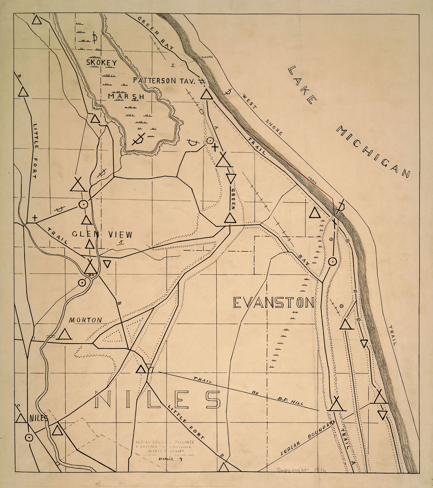 Map of Indigenous trails and villages near Niles and Evanston