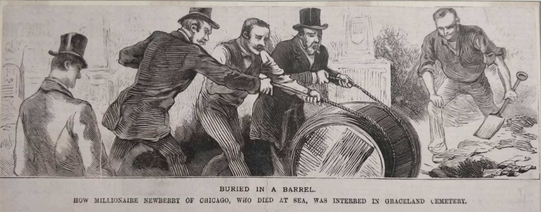 Drawing of three men lowering a rum barrel with ropes