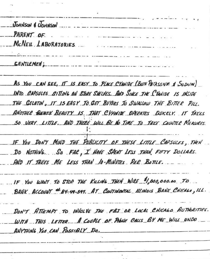 A copy of the letter sent to Johnson and Johnson demanding $1 million to 'stop the killing'