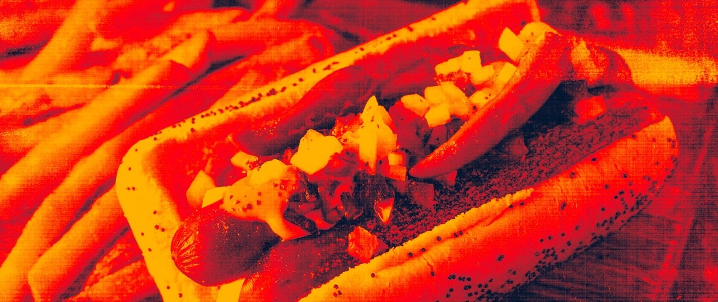 Stylized photo of a Chicago style hot dog