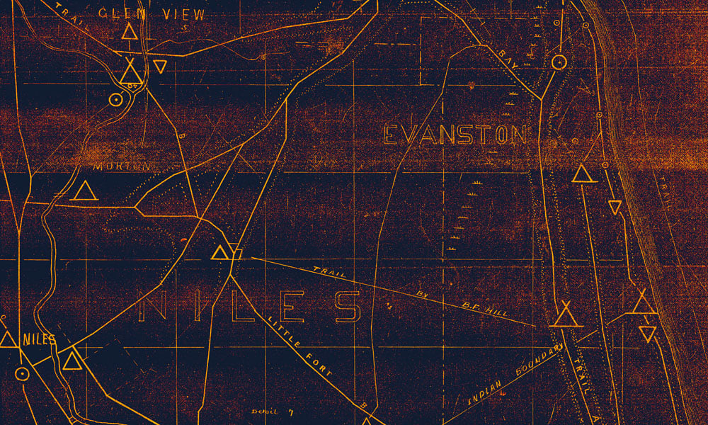 Stylized map of Indigenous trails and villages near Niles and Evanston