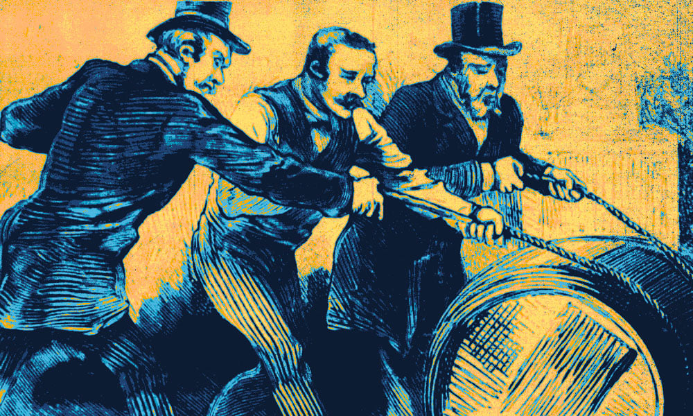 Stylized drawing of three men lowering a rum barrel with ropes