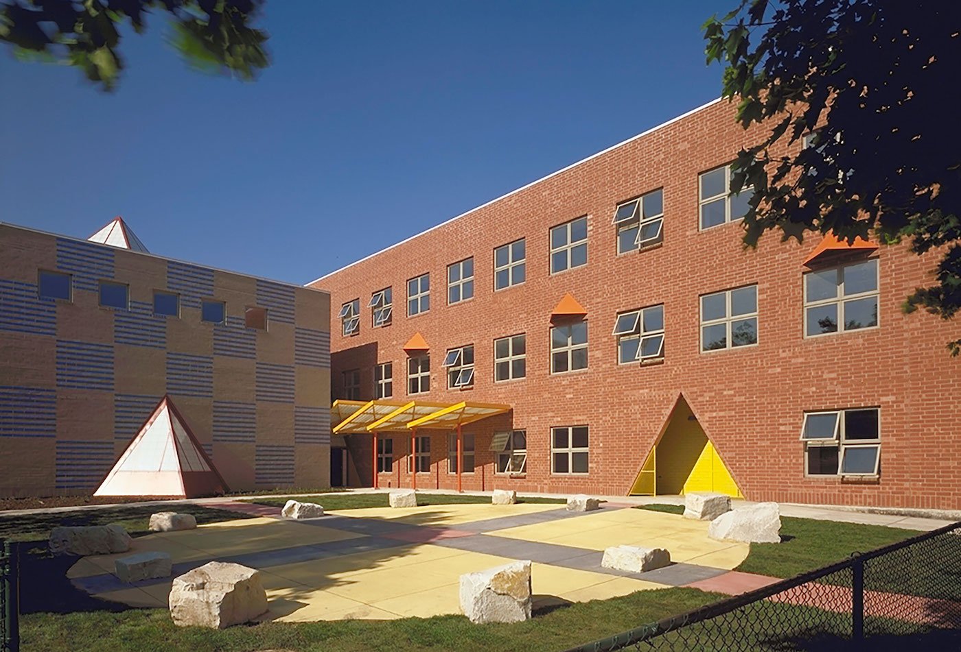 Cesar Chavez Multicultural Academic Center, with pyramid-shaped windows