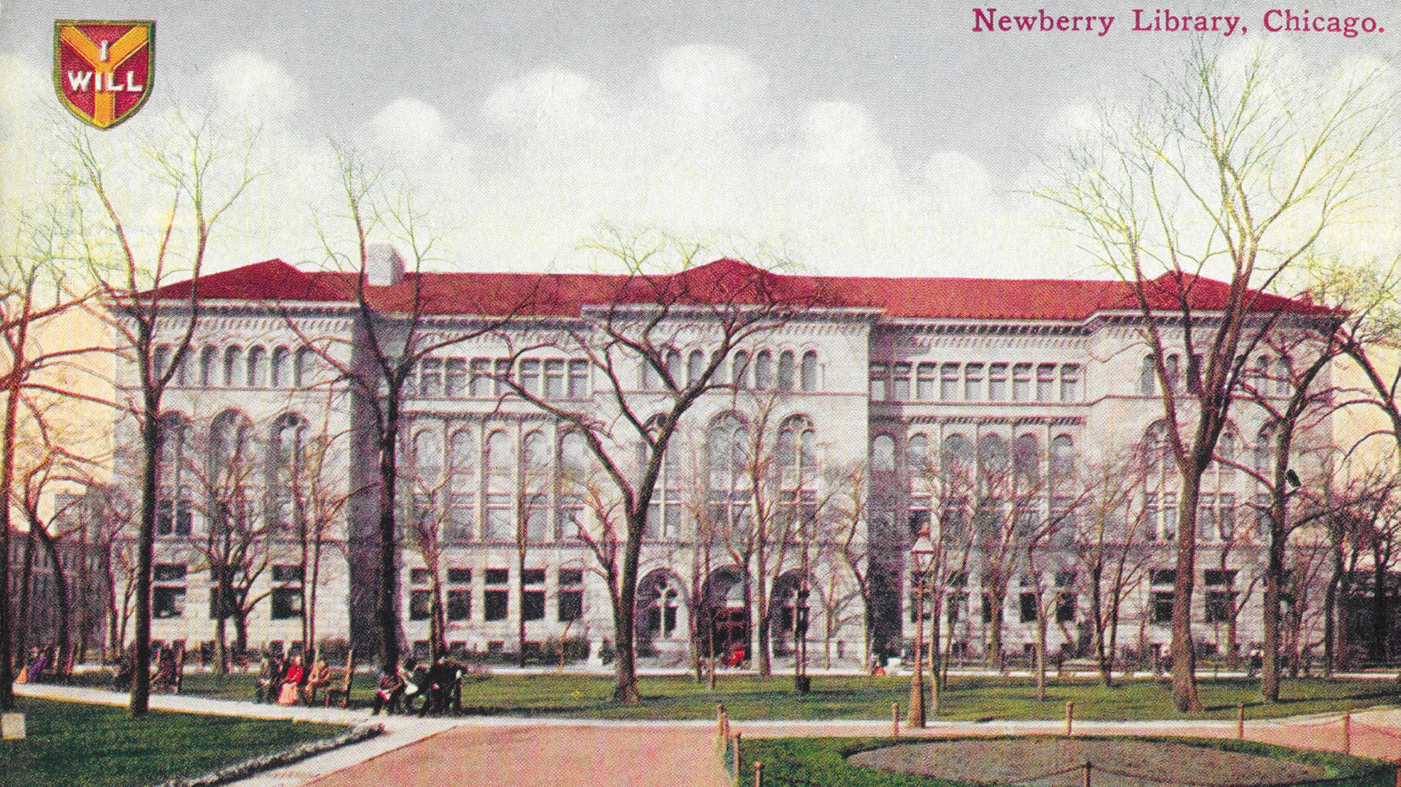 A postcard featuring an illustration of the front of the Newberry Library in Chicago